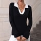 thumbnail image 5 of Suéter de manga acampanada para mujer, elegante, ajustado, con cuello en V, cuello vuelto, jersey de punto acanalado, camisa para el trabajo, negro, XL, 5 of 8