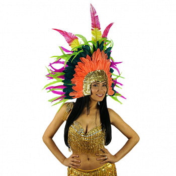 ZUCKER Carnival Feather Headdress w/Ostrich/Goose/Rooster - Coral - Lime - Peacock Blue - Very