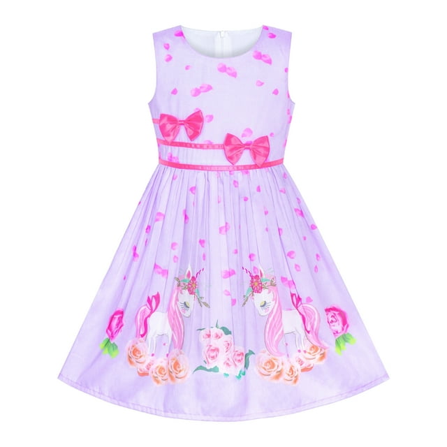 Robe Fille Violette Unicorn Fleur Été Robe d'Été 4-5 Ans