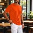 thumbnail image 4 of Men's Short Sleeve T-Shirt Crew Neck Casual Tops Solid Color Basic Plain Summer Loose Fit Shirts Orange M, 4 of 5