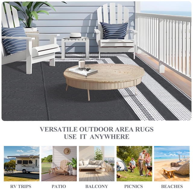 9x12 Outdoor Rug – Waterproof Reversible Plastic Straw Mat – Modern Border – RV, Patio, Camping, Balcony, Deck, Backyard & Porch – Indoor/Outdoor, Grey and White