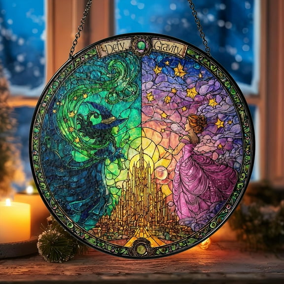 Wicked Defy Gravity Stained Glass Suncatcher | Elphaba and Glinda Inspired Acrylic Window Hanging | Emerald City Fantasy Home Decor Gift