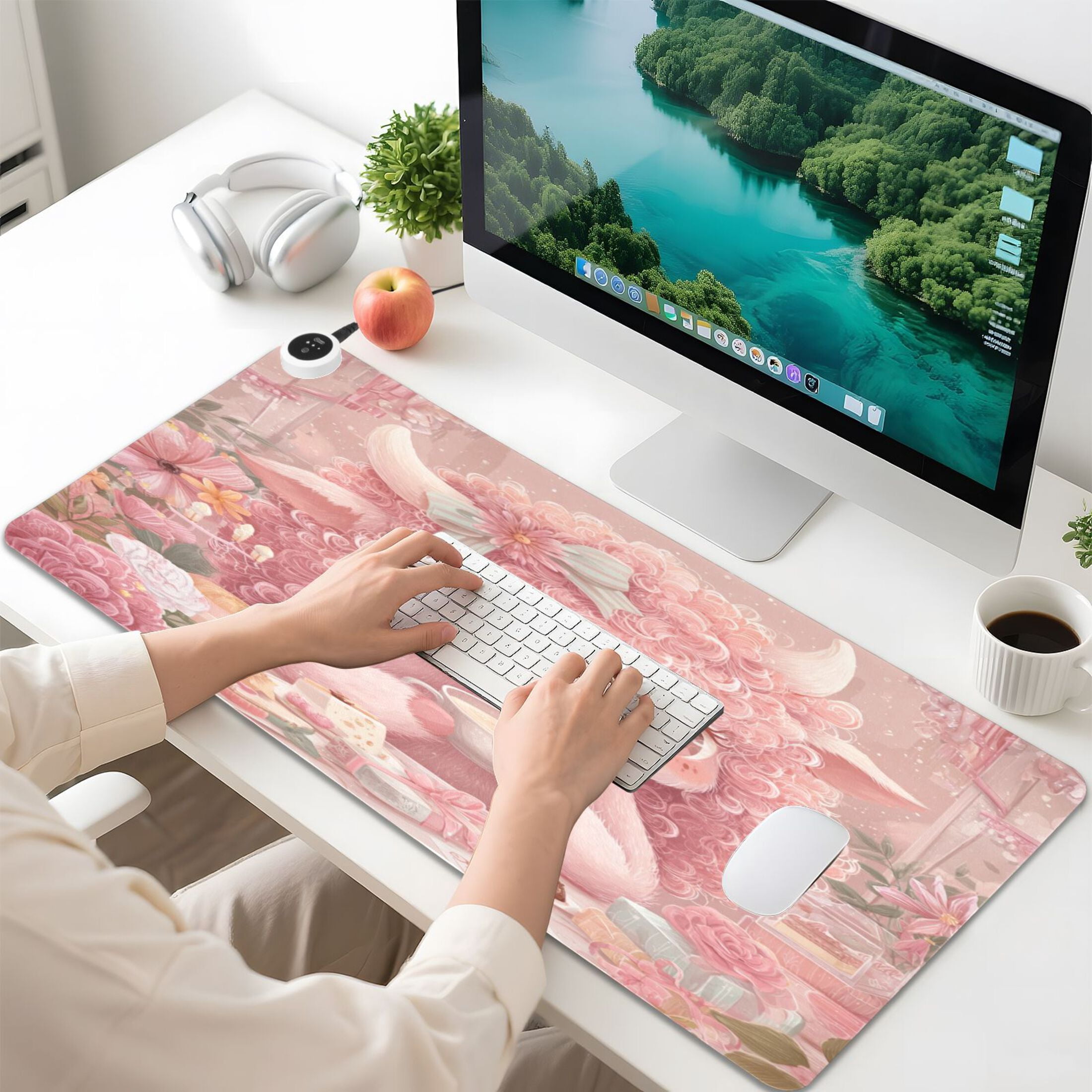 Large Heated Desk Mat Mouse Pad 31.5"x13"PU Leather Graphene Heating Desk Warmer with 3 Temperature Settings 110V US Plug Non-Slip Warm Pad for Home, Office, and Gaming Cute Little Pink Cow