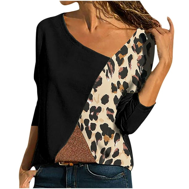 Blusa informal de manga larga con cuello redondo y estampado de leopardo para mujer Pompotops gfhjh2691
