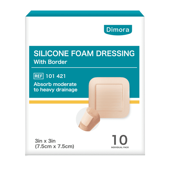Dimora Silicone Foam Dressing, 3"x3" Bordered Waterproof Bandages for Fragile Skin & Wound Healing, FSA & HSA Eligible, 10 Count