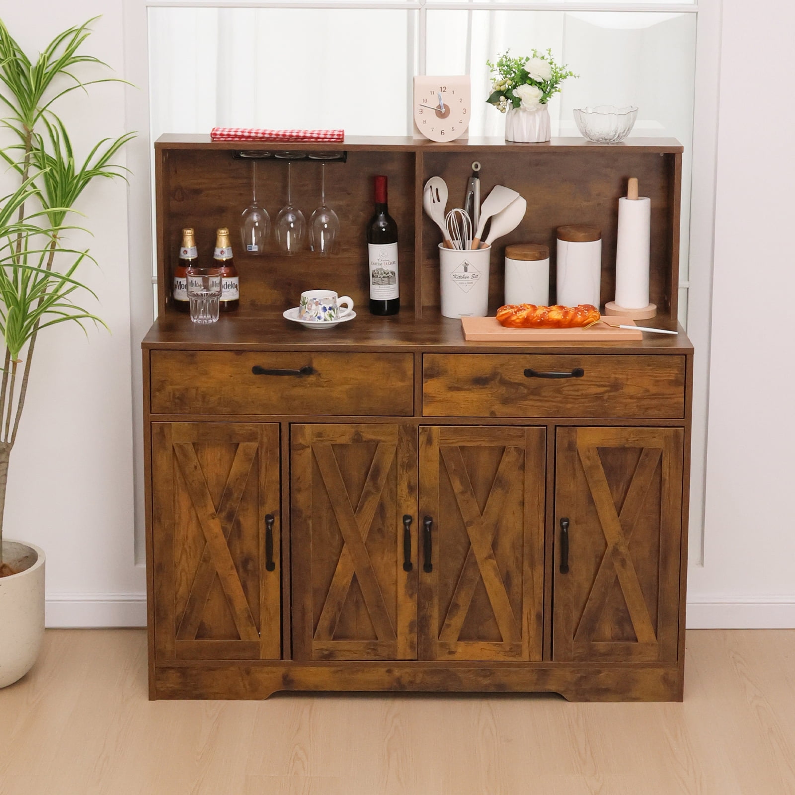 Walsport 47'' Coffee Bar Cabinet - Farmhouse Sideboard Buffet Cabinet with Storage - Kitchen Pantry Storage Cabinet with Doors and Shelves for Dining Room, Living Room, Kitchen (Brown)