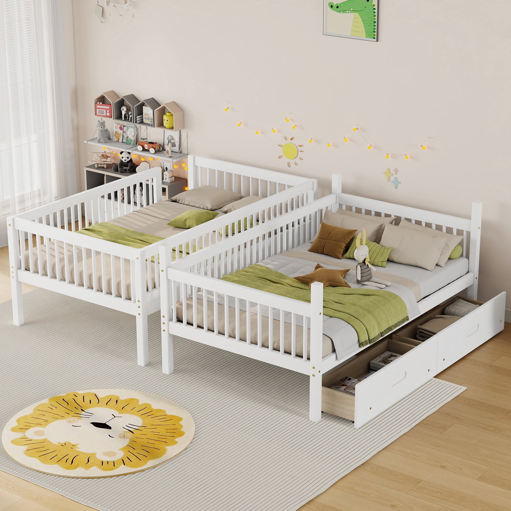 Mintazer Twin Over Twin Wood Bunk Bed With 2 Drawers & Guardrail for Teens, Converted Into Two Beds for Bedroom Dormitory, White