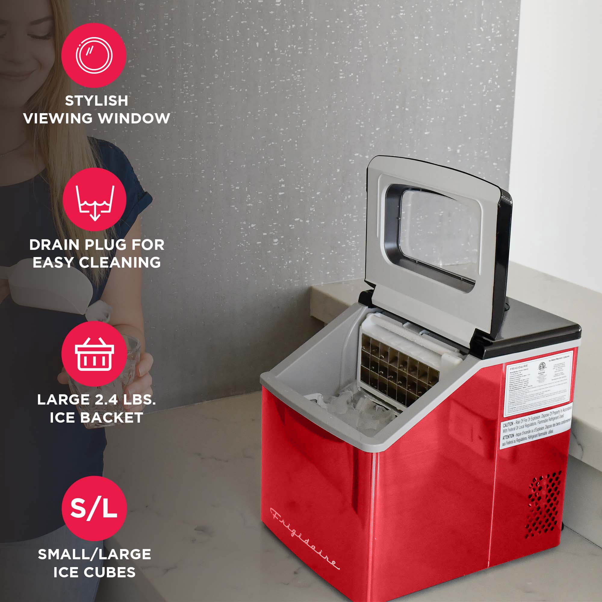 Frigidaire Clear Ice Maker 40 Lbs, Red Stainless Steel Countertop Ice Machine with Square Ice for Home, Kitchen, Office, Bar