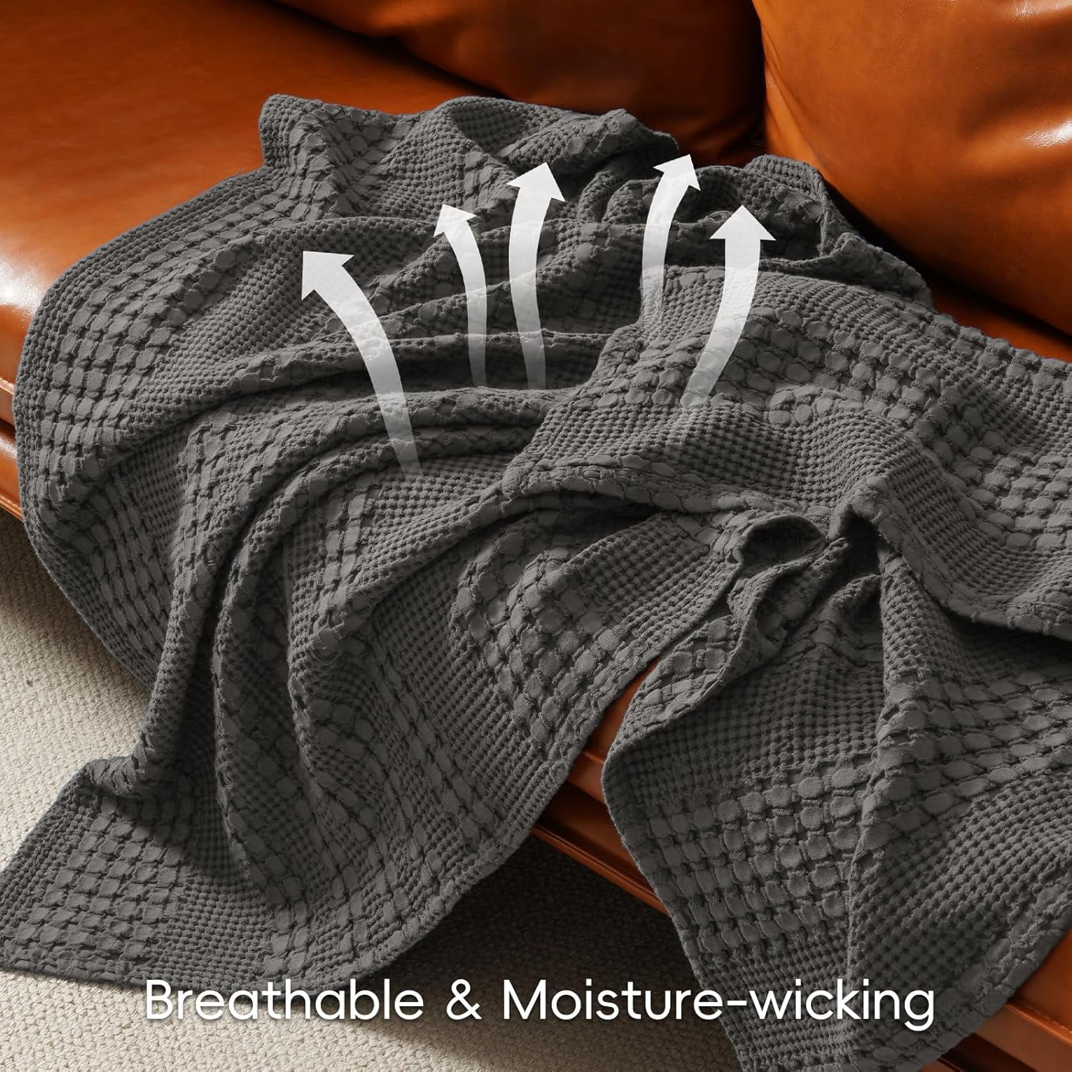 PHF 100% Cotton Waffle Weave Blanket, Lightweight Throw Washed Blanket for Bed Sofa Home Decor, Charcoal Grey, 50"x60"