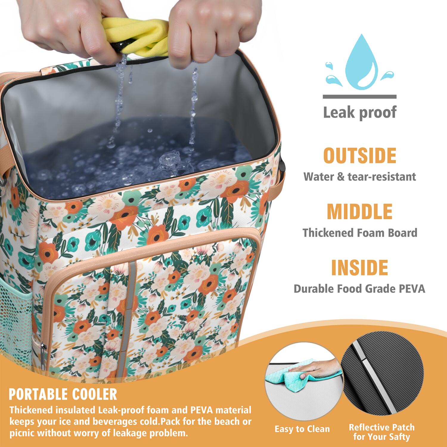 Travel Cooler Bag - Pioneer Flower Floral Print Pattern Camping Beer Cooler Backpack with Bottle Opener- Waterproof Insulated Picnic Backpacks - Cooler Bag for Beach