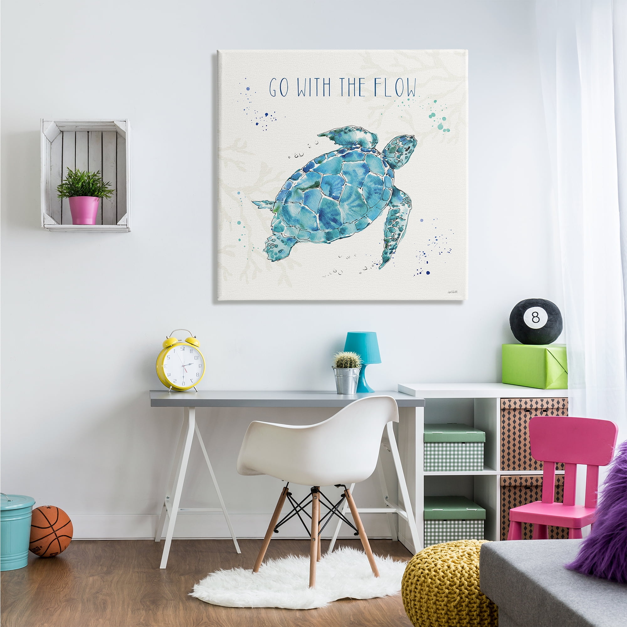 Stupell Industries Go with the Flow Quote Turtle Tortoise Blue Green Watercolor Canvas Wall Art Design by Anne Tavoletti, 36" x 36"