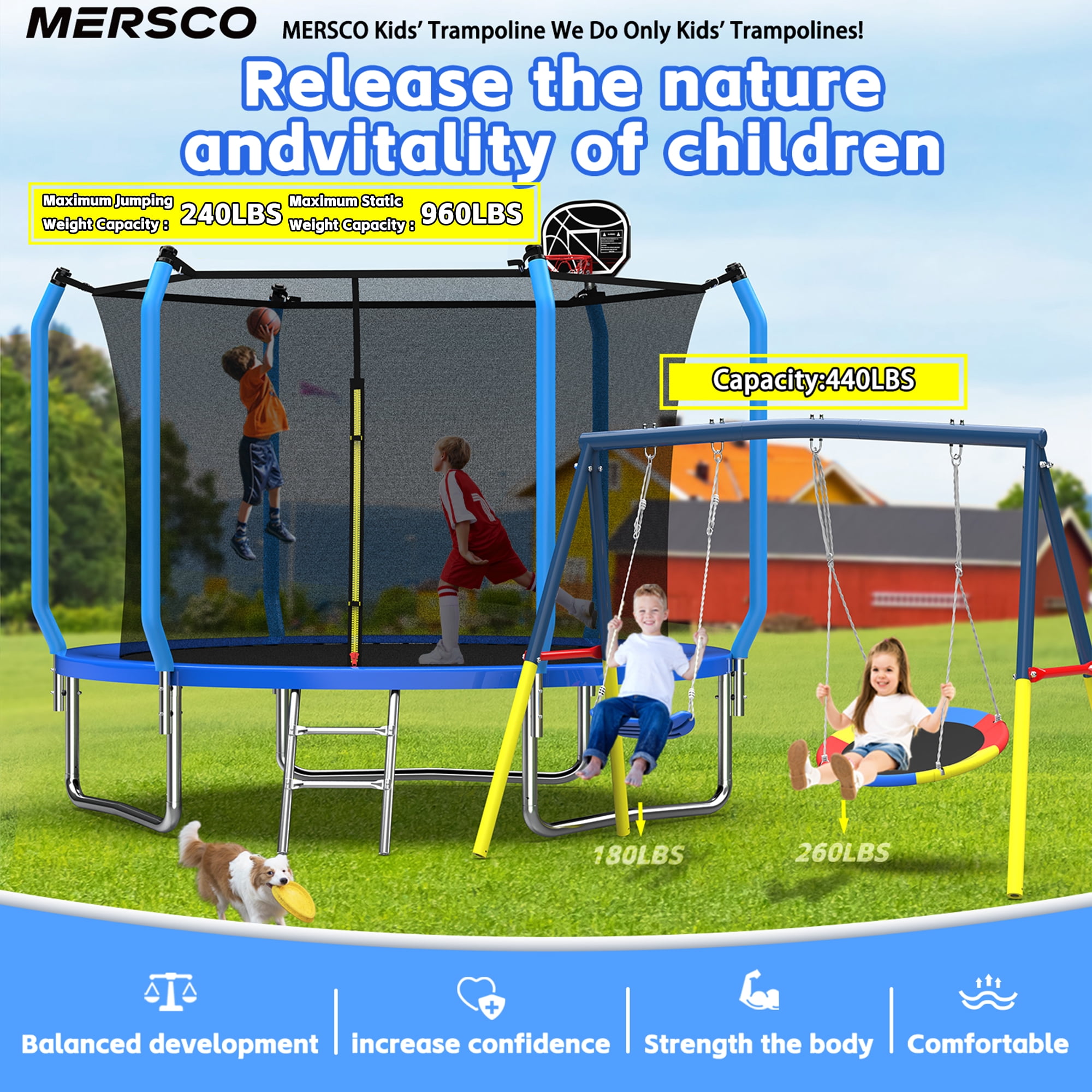 Mersco 10FT Trampoline with Enclosure Net,Swing Set, Outdoor Trampoline with Basketball Hoop for Kid,Jumping Trampoline with Swing Set for Backyard,Birthday and Holiday Gifts for Kids,Blue