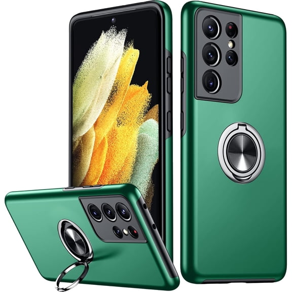 for Samsung Galaxy S21 Ultra Case, with [360° Rotatable Magnetic Ring Holder Kickstand] [Dropproof] TPU Slim Thin Shockproof Protection Phone Case for S21 Ultra 5G 6.8" Green