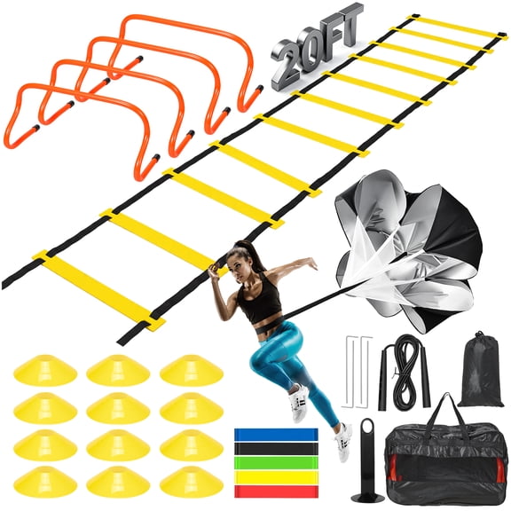 AMTPM Agility Ladder Speed Training Equipment Set-4 Agility Hurdles, 20 feet12 Rungs Speed Ladder,12 Disc Cones,Resistance Parachute, Jump Rope, 5 Resistance Bands,Basketball Football Soccer Training