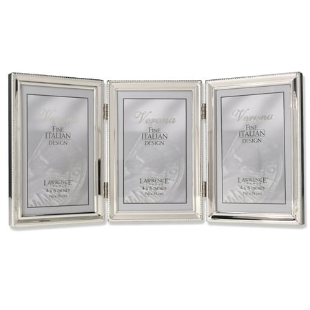 Leather Polished Frame - Polished Silver Plate 4x6 Hinged Triple Picture Frame - Bead Border Design