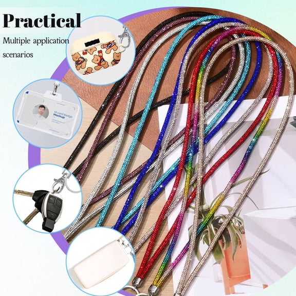 7.8" Bling Rhinestone Key Chain Sparkle, 17.8" Glitter Crystal Neck Lanyard Keychain Keys Strap