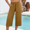 thumbnail image 6 of Capri Pants for Women 2026 Summer Petite Cotton Linen Casual Straight Drawstring Elastic Waist Cropped Trousers Coffee M, 6 of 6