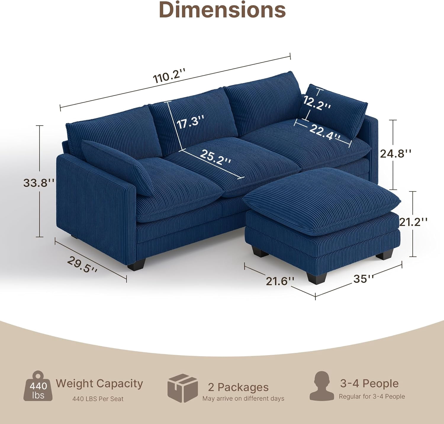 Noelse 110" L Shaped Sofa Couch Modular Sectional Cloud Couch with Movable Ottoman, 3-Seater Comfy Corduroy Deep Seat Sofa with 2 Pillows for Living Room, Bedroom, Blue, Clearance