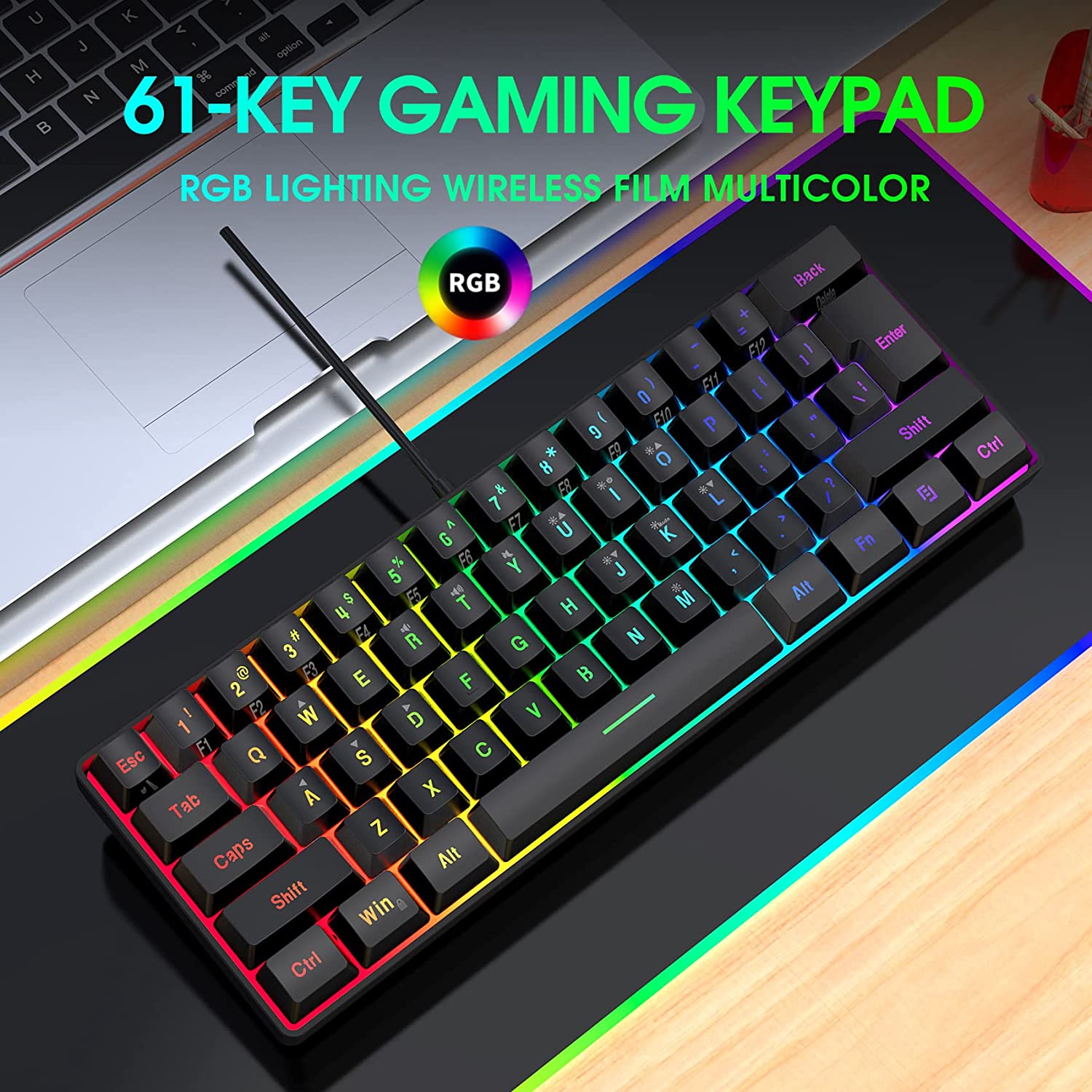DGG K60 61 Keys RGB Backlit 60% Wired Gaming Keyboard, Quiet Ergonomic Waterproof Mini Compact 60 Percent Mechanical Feeling Keyboard, for PC Mac PS4 Xbox Gamer, Typist, Travel - image 2 of 9