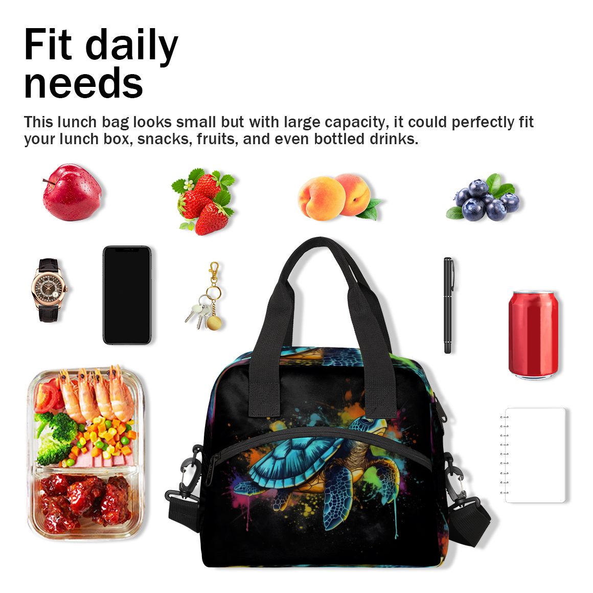 Herdesigns Colorful Insulated Lunch Bag for Women Men Adults Large Reusable Lunch Box Sea Turtle Leakproof Cooler Tote Bags with Adjustable Shoulder Strap