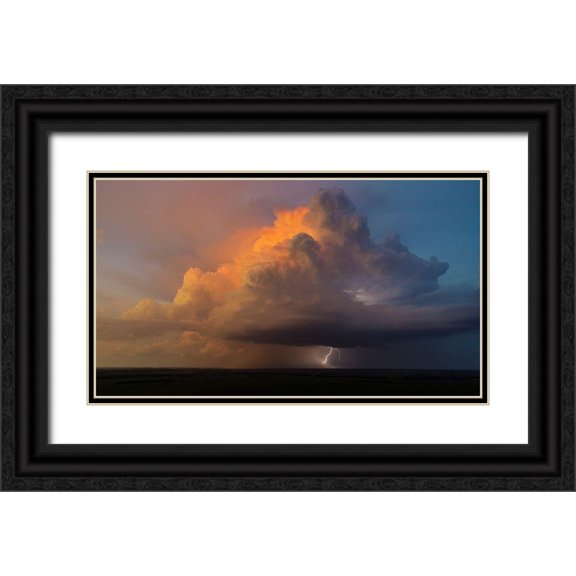 Day, Richard and Susan 32x20 Black Ornate Wood Framed with Double Matting Museum Art Print Titled - Aerial view of thunderstorm clouds and lightning at sunset-Marion County-Illinois