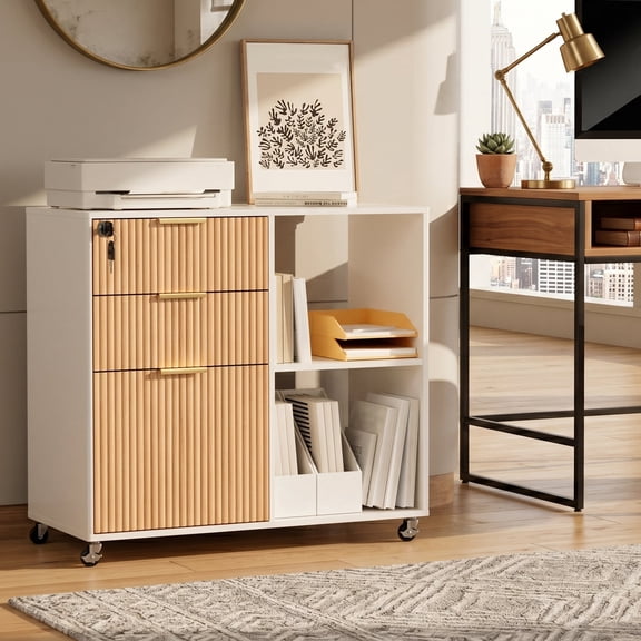 Fluted 3-Drawer Oak Mobile File Cabinet with Lock White&Oak