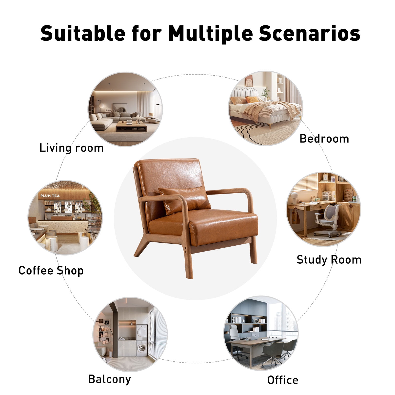 Ebello Accent Chair Mid Century Modern Arm Chair, PU Leather Reading Armchair for Bedroom Living Room Office, Camel