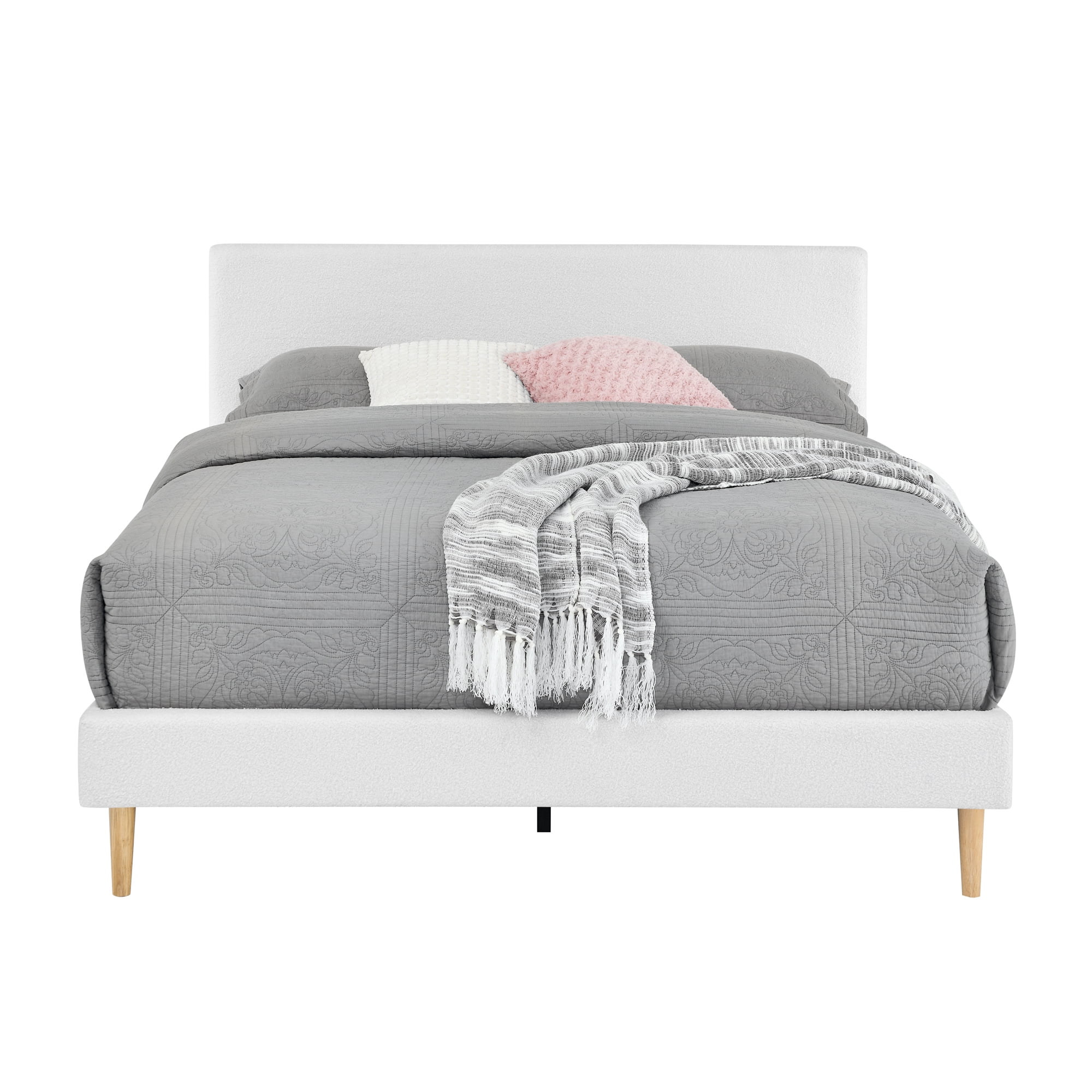 King Size Upholstered Platform Bed Frame with Headboard, Solid Wood Slat Support, White, No Box Spring Needed, Easy Assembly