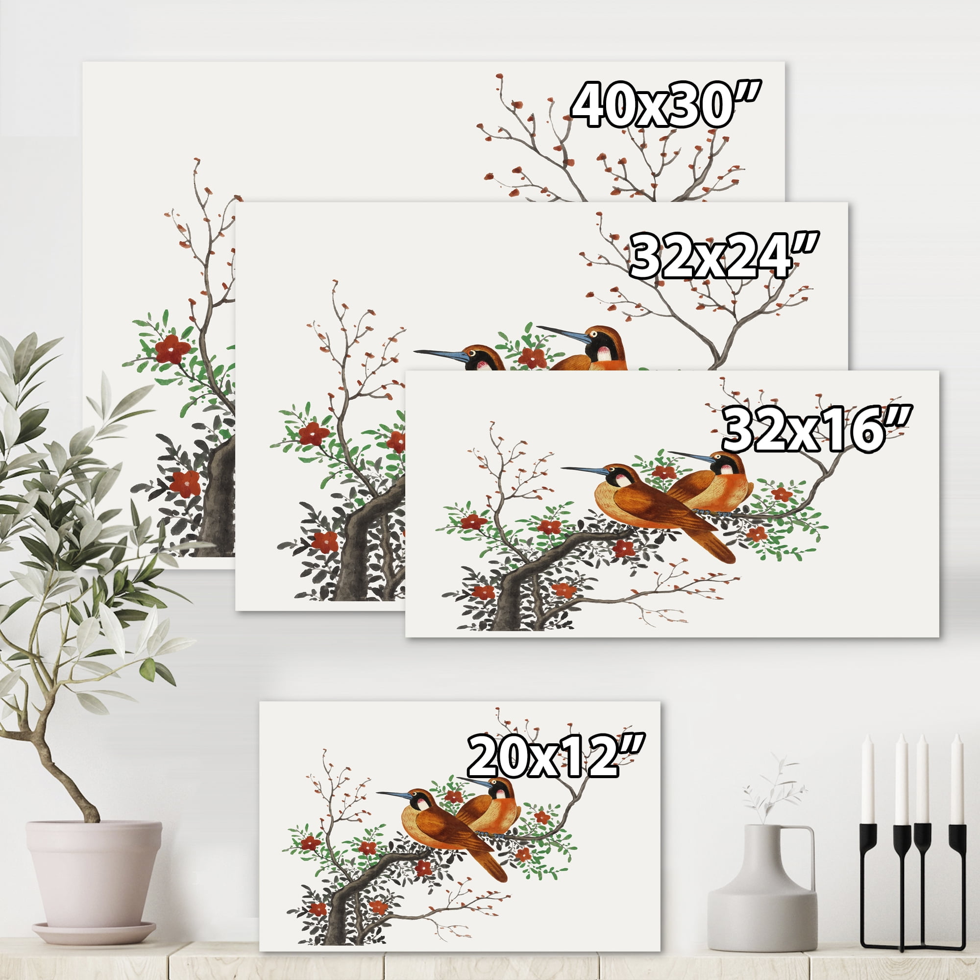 Designart ' A Flowering Tree Branch With Two Chinese Birds ' Traditional Canvas Wall Art Print