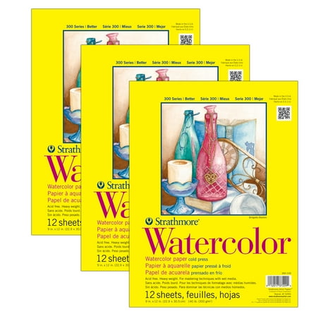 Strathmore 300 Series Watercolor Pad, Cold Pressed, Tape Binding, 12 Sheet, 9x12 inch, Pack of 3