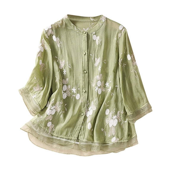 HADST 3/4 Sleeve Blouses for Women - Cotton Linen Tops Vintage Floral Embroidery Women Workout Tops