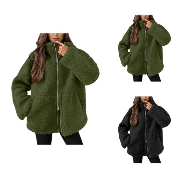 Winter Coats for Women 2025 Long Sleeve Fleece Warm Plain Turtleneck Zip Up Jacket with Pockets Outerwear