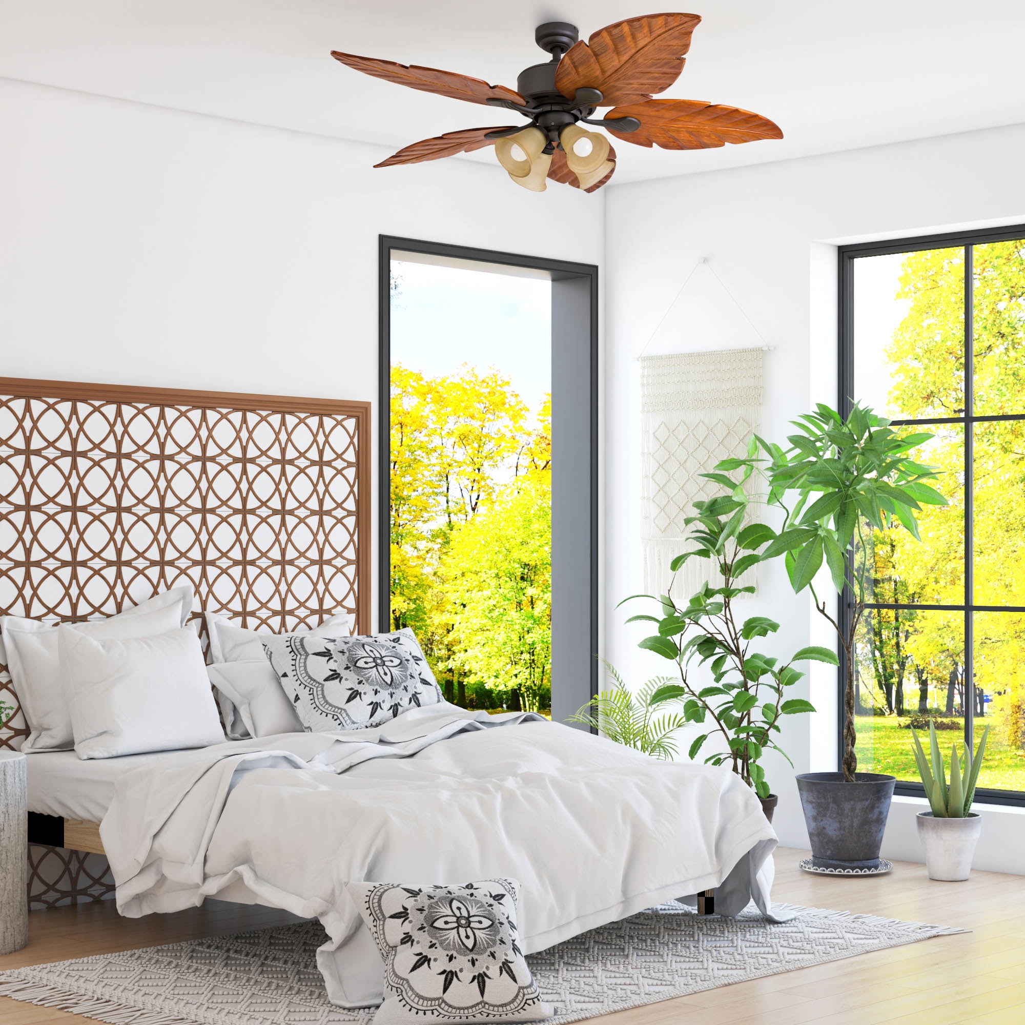 Prominence Home Royal Palm 52" Bronze Tropical Ceiling Fan with 5 Hand Carved Wood Blades, 4 Arm Light Kit, Remote & Reverse Airflow