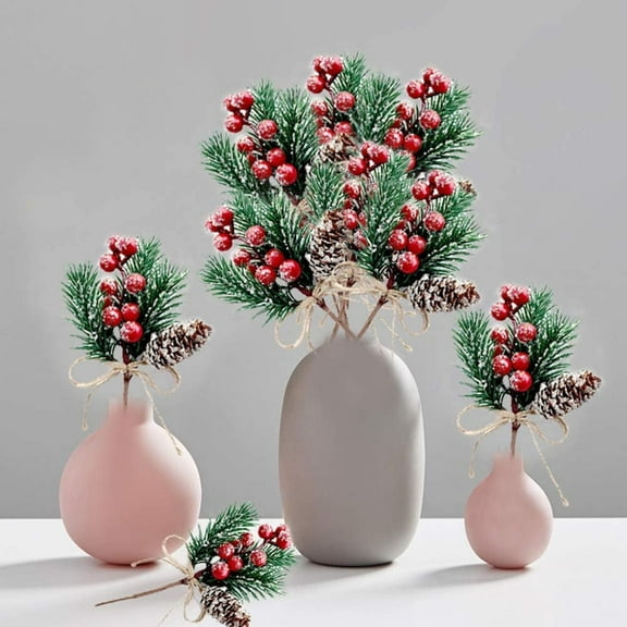 6PCS Artificial Christmas Picks and Sprays Pine Needle Branches Faux Red Berry Pinecone Picks Stems for Xmas Tree Flower Wreath Holiday DIY Decoration