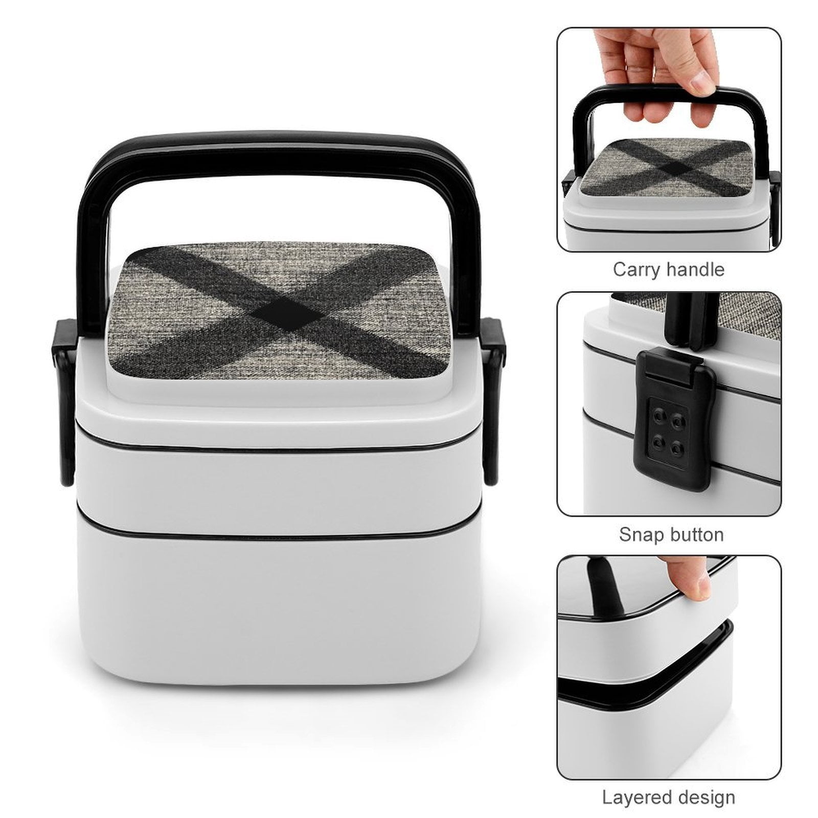 5.3×4.3in Double-Layer Bento Box Sealing Leakproof Partition Design Buckle Design Convenient Switch With Handle Argyle Plaid DimGray_95746_4