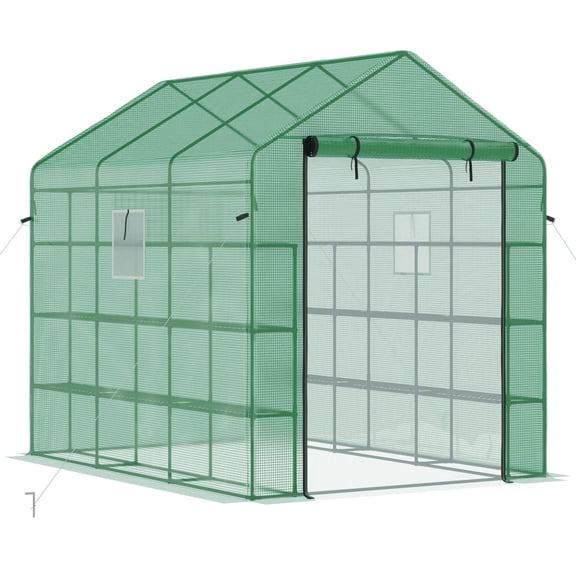 Outdoor Lighting Outsunny 8' x 6' x 7' Walk-in Greenhouse with Mesh Door and Windows, 18 Shelf Hot House with Trellis, Plant Labels, UV protective for Growing Flowers, Herbs, Vegetables, Saplings, Gr