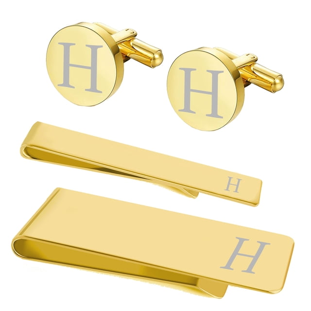 BodyJ4You 4PC Cufflinks Tie Bar Money Clip Button Shirt Personalized Initials Letter H Gift Set