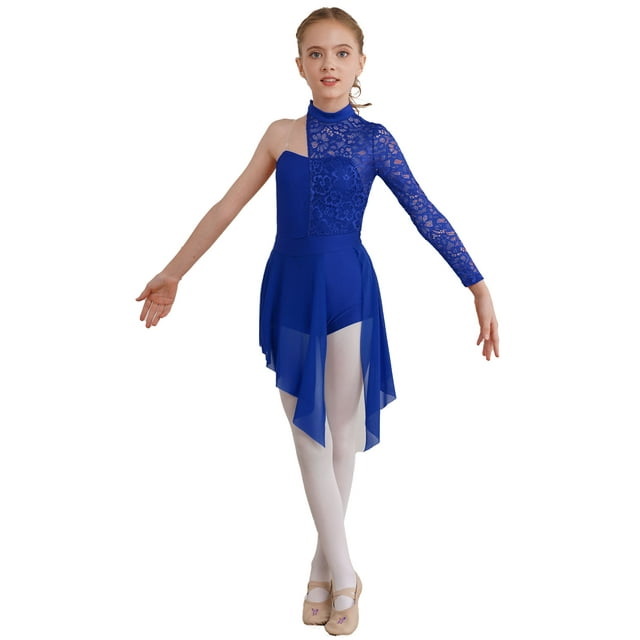 renvena Filles Enfants Manches Longues Simples Dentelle Florale Patchwork Ballet Lyrique Moderne Contemporain Danse Bleu Royal 8
