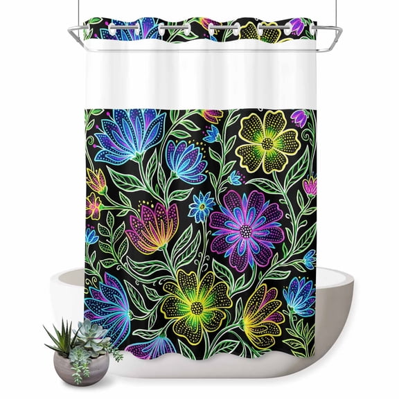 No Hook Shower Curtain, Abstract Flower Shower Curtains for Bathroom with See Through Top Window, Geometric Colorful Floral Leaf Plant Waterproof & Washable Bath Curtain Stall 48"x72"
