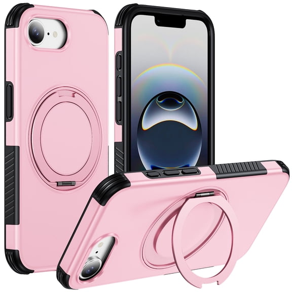 Dteck Magnetic Case for iPhone 17e / iPhone 16e ,Shockproof TPU PC Compatible with MagSafe Case with 360° Rotating Ring Kickstand Heavy Duty Protective Cover, Pink