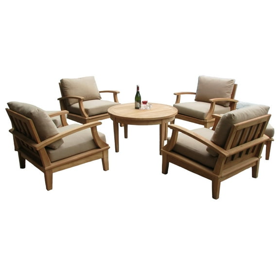 Somer 5 Pc Lounge Chair Set: 4 Lounge Chairs & 36" Round Coffee Table With Cushions in Sunbrela Fabric #5422 Canvas Antique Beige