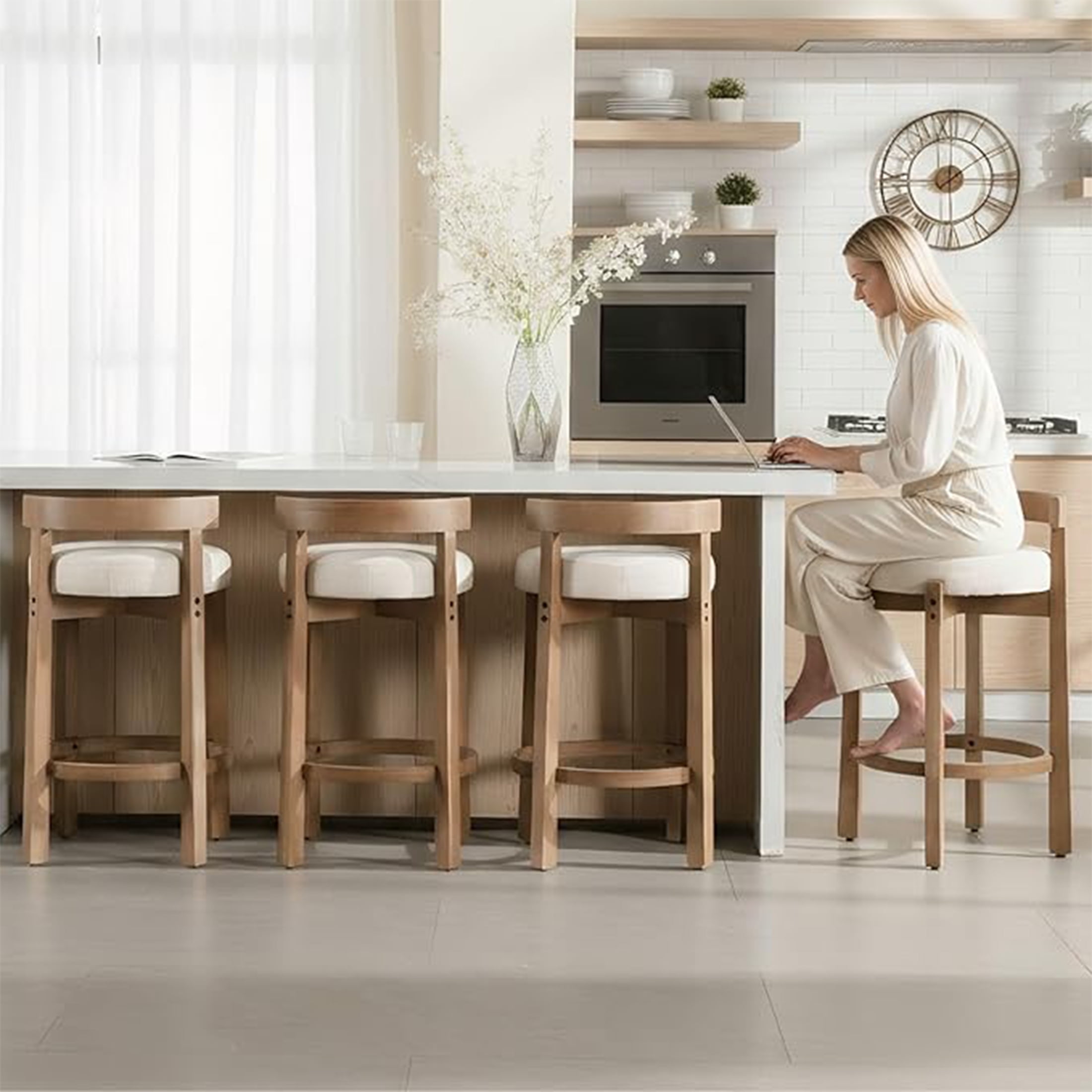 Guyou Counter Height Stools Set of 2, Mid Century Modern Armless Island Bar Stools with Curved Back and Wooden Frame, Round Kitchen Stools with Footrest for Restaurant Bar Kitchen Island, Beige