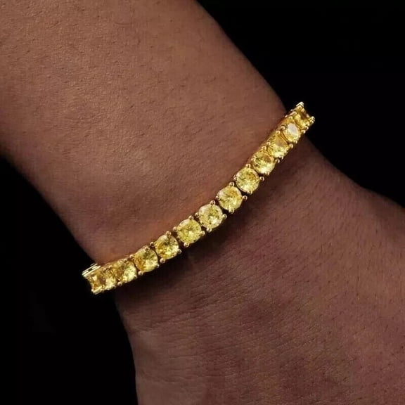 4MM 13Ct Round Cut Yellow Citrine Women's Engagement Tennis Bracelet 14K Yellow Gold Plated Silver 7"