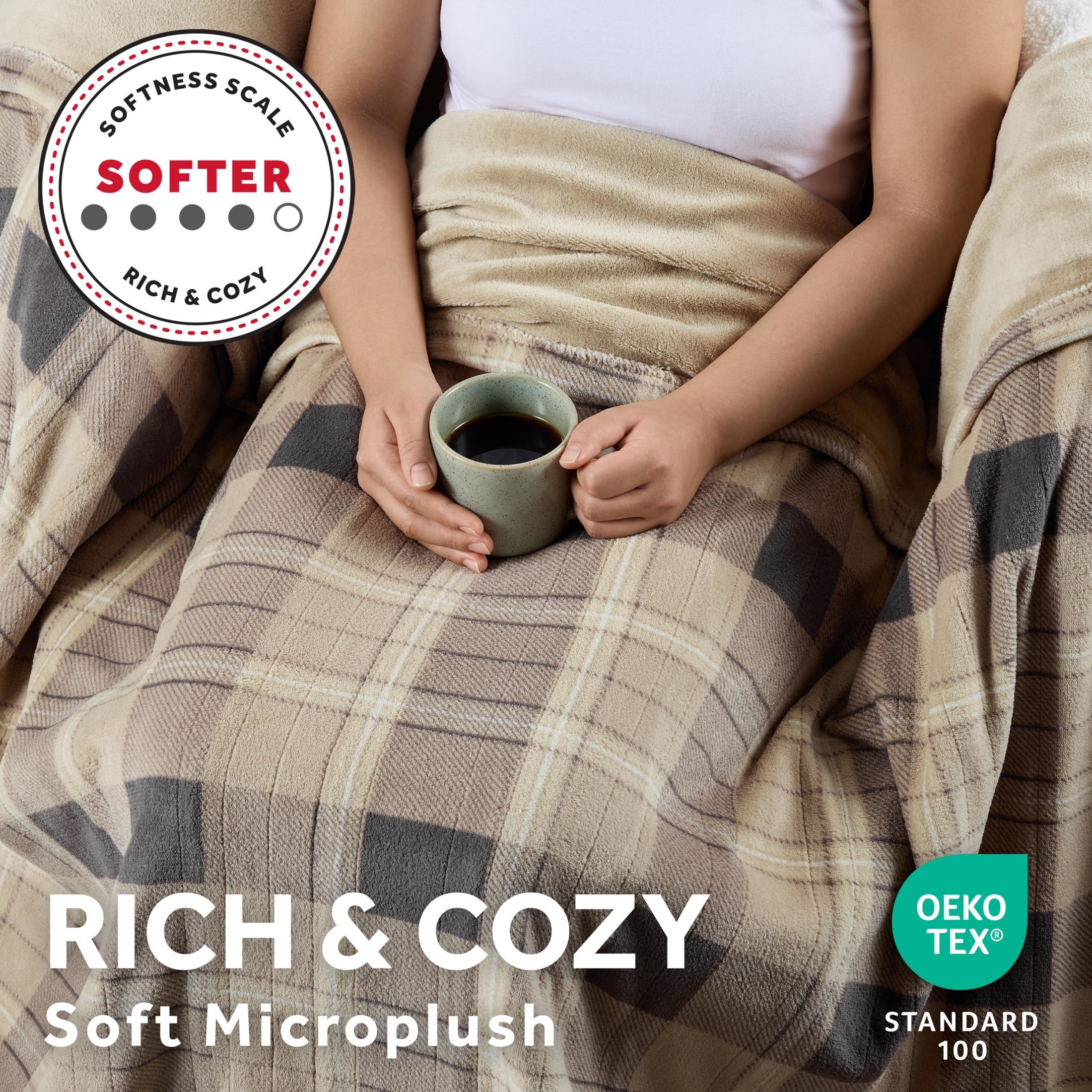 Sunbeam Electric Heated Throw Blanket Earthy Plaid Super Soft Microplush 4 Heat Settings Oversized 60x80