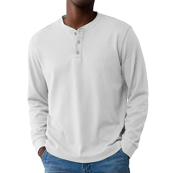 Resicozy Men's Henley Shirts Long Sleeve Fashion Lightweight Button Plain T-Shirt Casual Basic Tee Top White L
