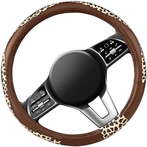 Steering Wheel Cover - Made with PVC Leather and Leopard Fabric - Universal 14 1/2 inches to 15 inches for Most Automotive Steering Wheel - Cheetah Print - Brown