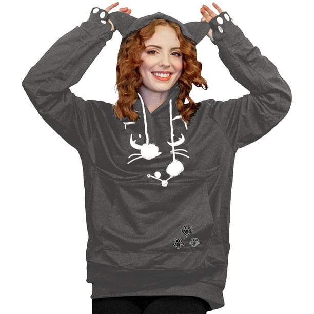 Gibobby Sudaderas con cremallera para mujer Sudaderas de otoño e invierno para mujer, suéter holgado de lana con capucha para mascotas, sudaderas con bolsa grande para perros y gatos (Gris, XL)