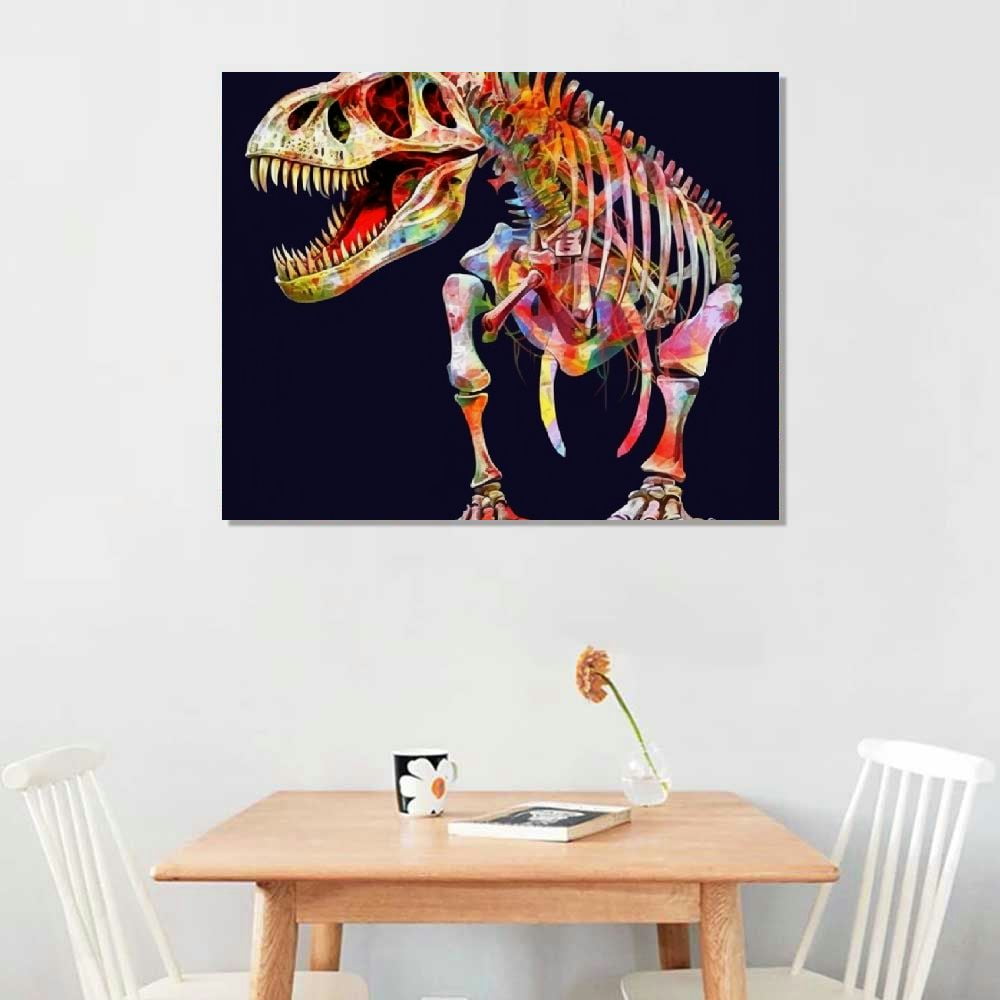 JRXY   Dinosaur Wall Art Black White Dinosaur Fossil Canvas Painting Wild Animal Picture T-Rex Poster Framed Art Prints for Kids Room Boys Bedroom Bathroom Home Nursery Decor 20x16in