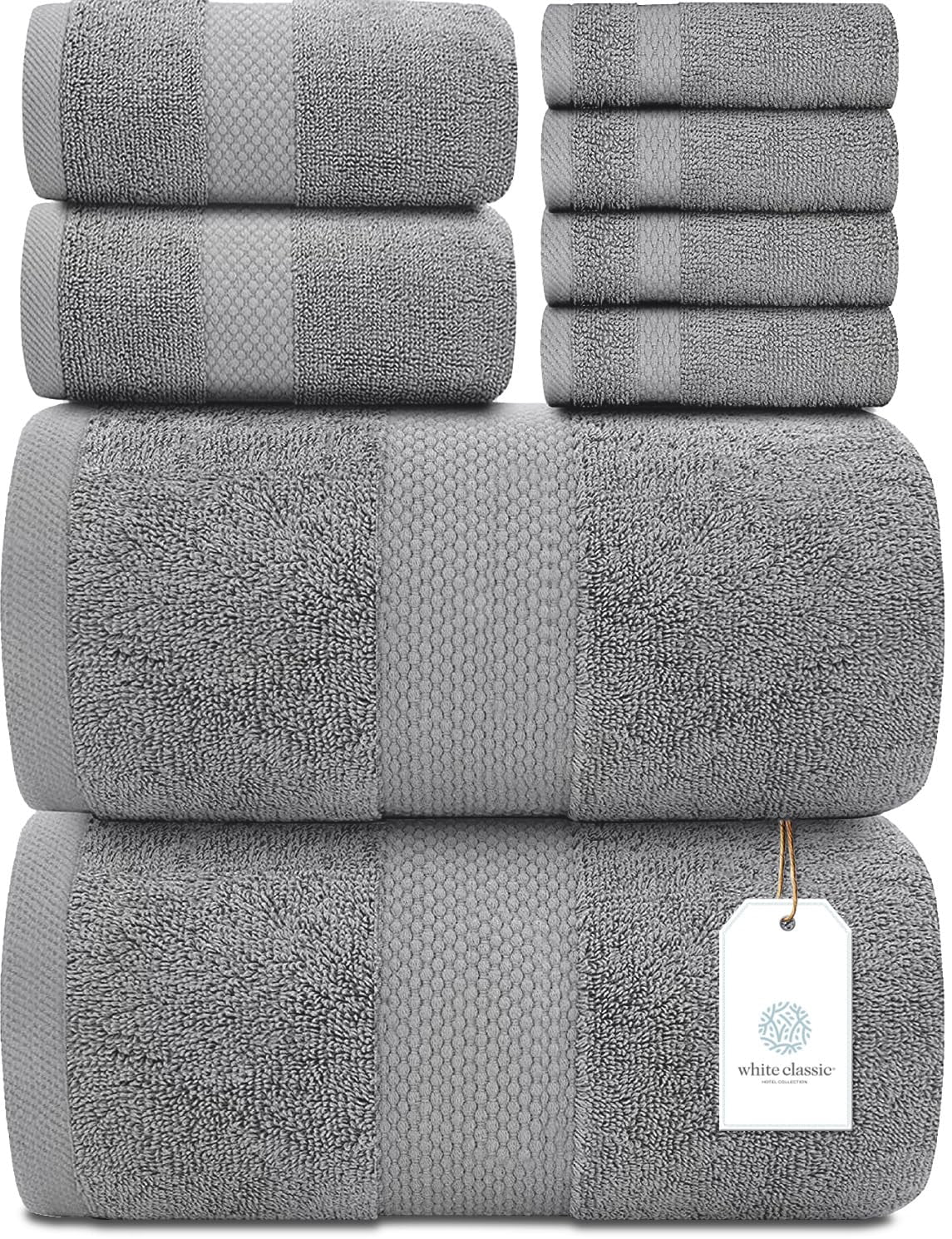 White Classic Hotel Collection Luxury 8-Piece 100% Turkish Cotton Towel Set, Light Gray