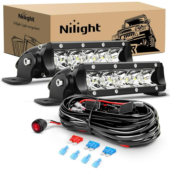 Nilight Led Pods 7 Inch 30W Super Slim Spot LED Light Bar Off Road Lights Driving Fog Lights with 16AWG Wiring Harness Kit-2 Leads for Van Camper Car Pickup Golf Cart ATV UTV SUV Truck Boat 4x4